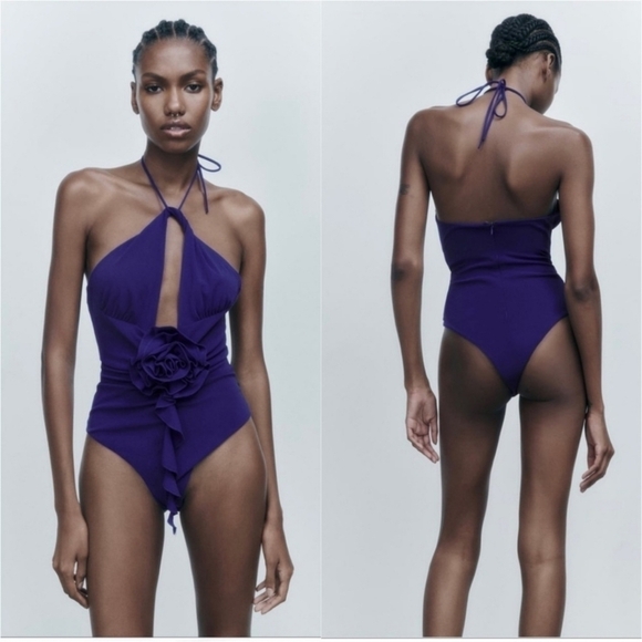 New Zara Rosette Floral Tie Halter Neck Bodysuit NWT XS - Picture 1 of 8